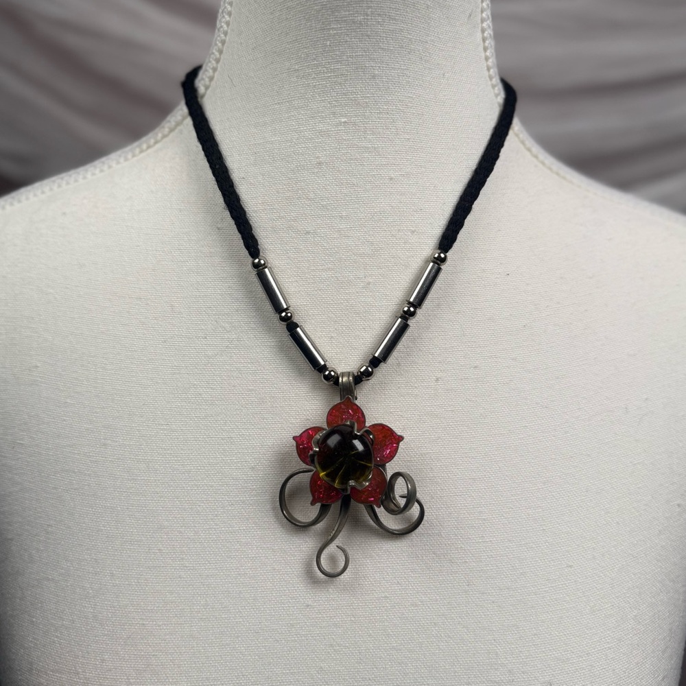 upcycled fork flower pendant necklace handmade silver metal statement grunge